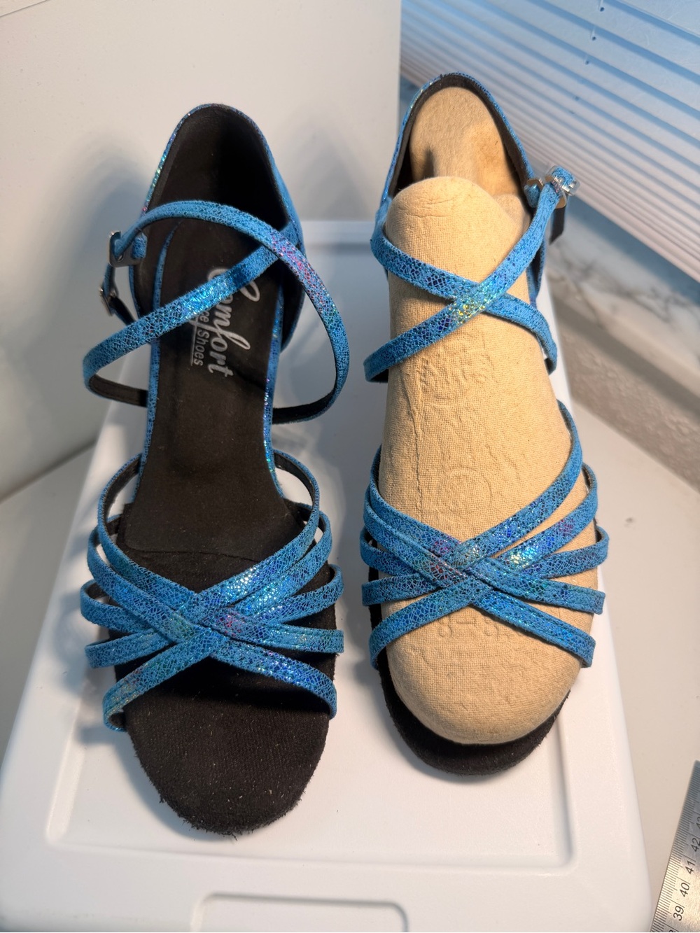 Comfort Dance Shoes Sz8 Iridescent Teal Blues Sz8 Suede Soles 1 & 1/2 “ heels